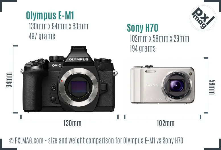 Olympus E-M1 vs Sony H70 size comparison