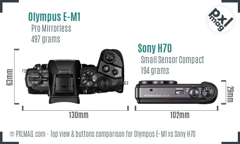 Olympus E-M1 vs Sony H70 top view buttons comparison