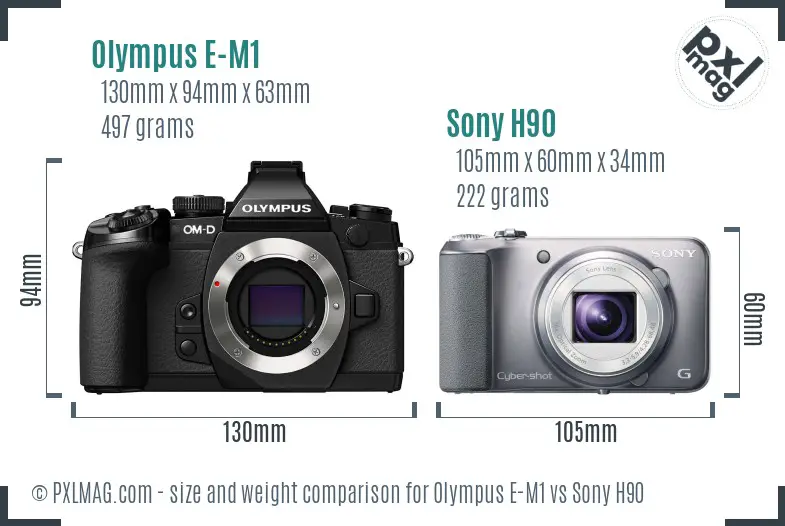 Olympus E-M1 vs Sony H90 size comparison