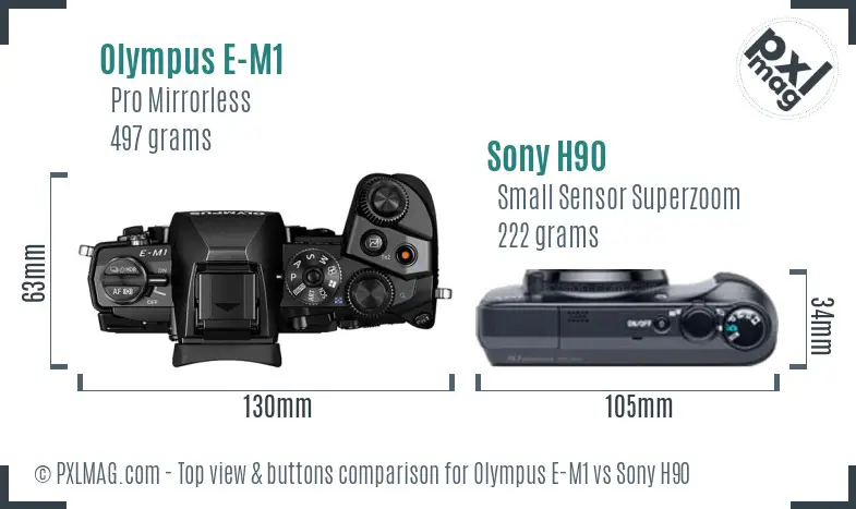 Olympus E-M1 vs Sony H90 top view buttons comparison
