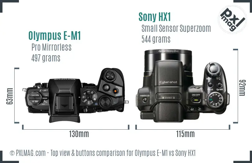Olympus E-M1 vs Sony HX1 top view buttons comparison