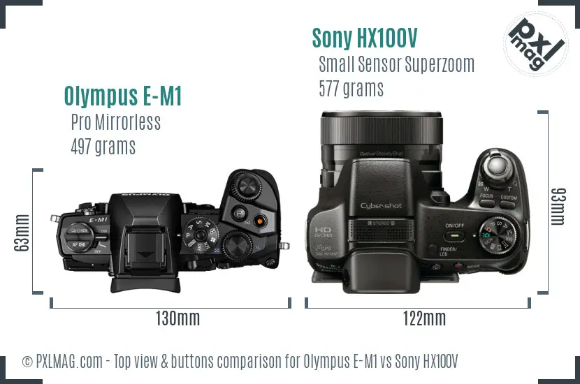 Olympus E-M1 vs Sony HX100V top view buttons comparison
