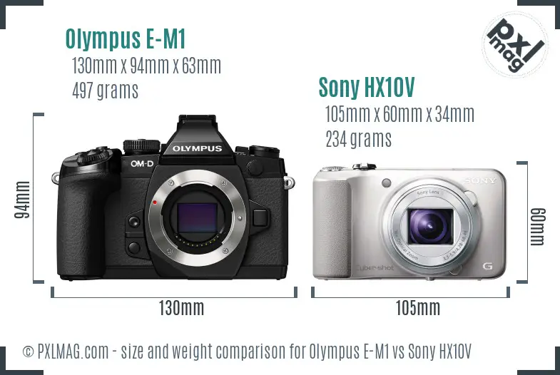 Olympus E-M1 vs Sony HX10V size comparison