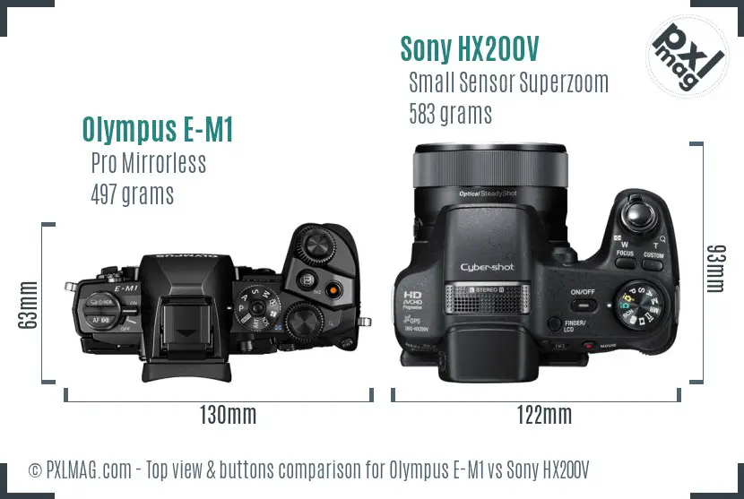 Olympus E-M1 vs Sony HX200V top view buttons comparison