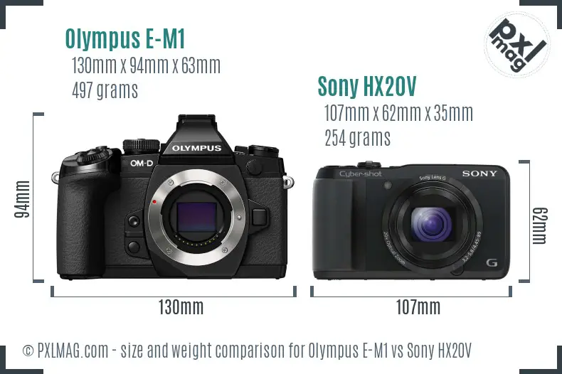 Olympus E-M1 vs Sony HX20V size comparison