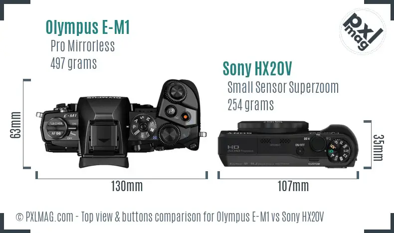 Olympus E-M1 vs Sony HX20V top view buttons comparison