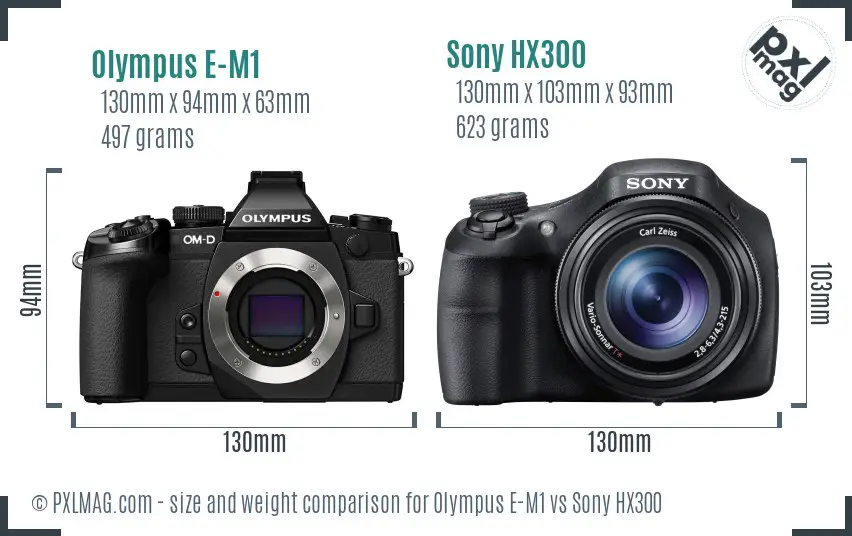 Olympus E-M1 vs Sony HX300 size comparison