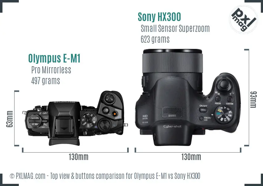 Olympus E-M1 vs Sony HX300 top view buttons comparison