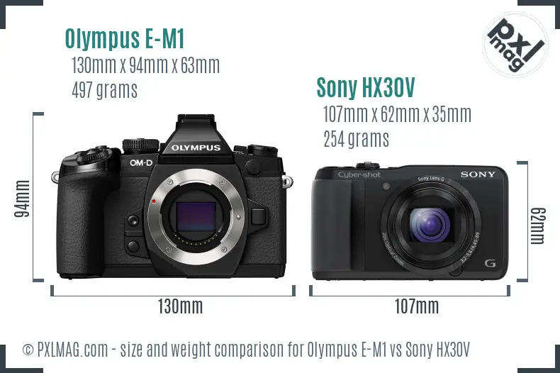 Olympus E-M1 vs Sony HX30V size comparison