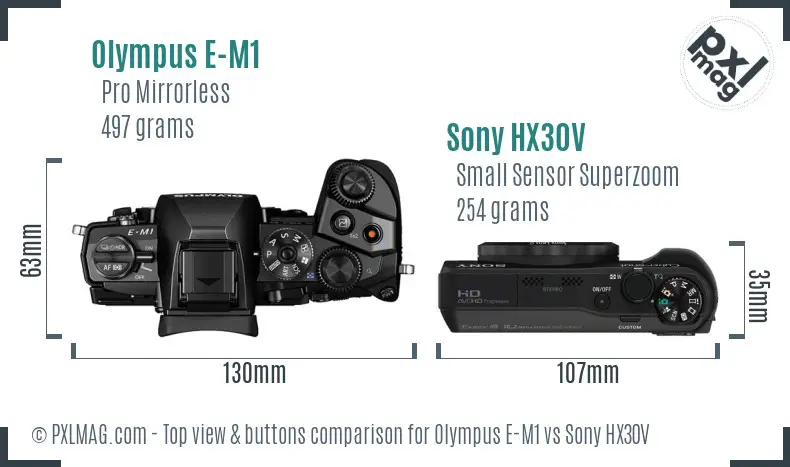 Olympus E-M1 vs Sony HX30V top view buttons comparison