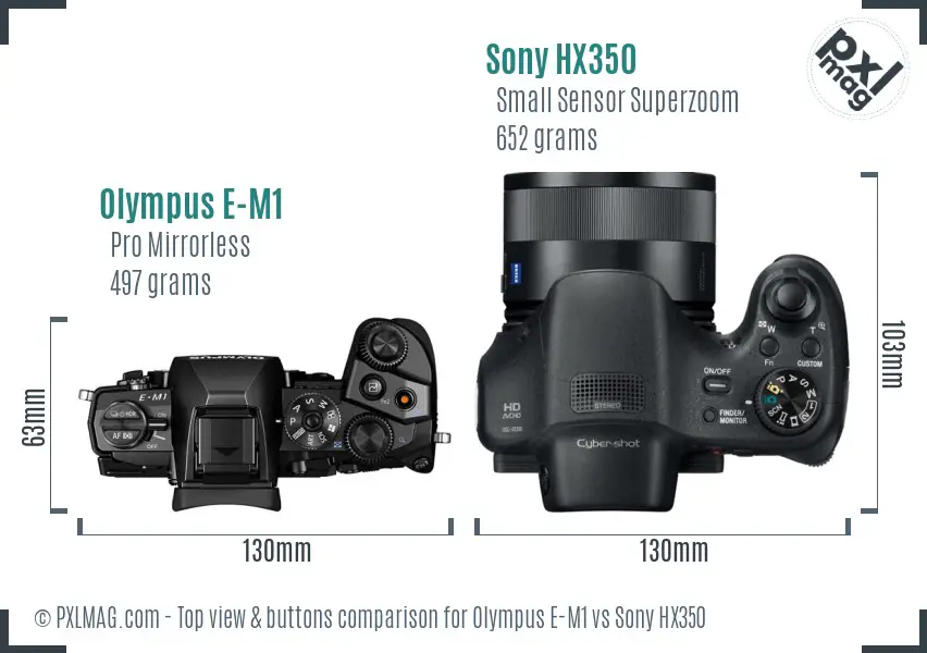 Olympus E-M1 vs Sony HX350 top view buttons comparison