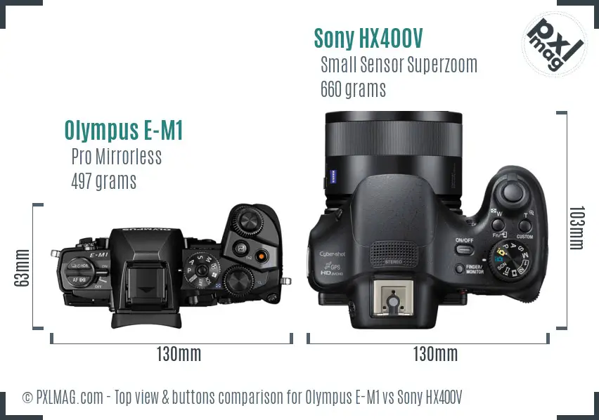 Olympus E-M1 vs Sony HX400V top view buttons comparison