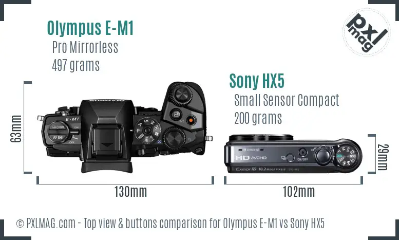 Olympus E-M1 vs Sony HX5 top view buttons comparison