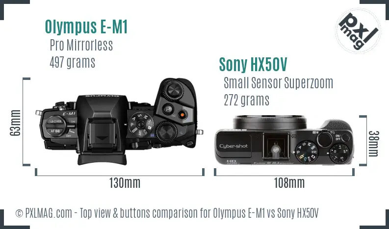 Olympus E-M1 vs Sony HX50V top view buttons comparison