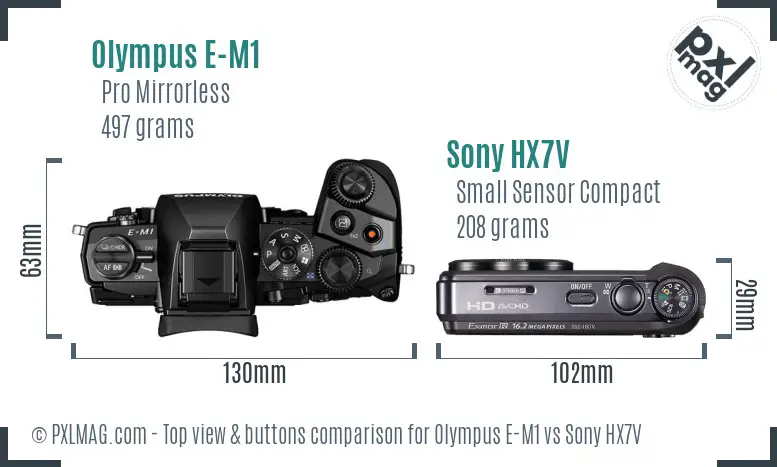 Olympus E-M1 vs Sony HX7V top view buttons comparison