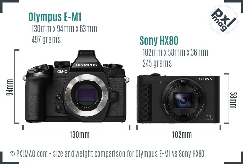 Olympus E-M1 vs Sony HX80 size comparison