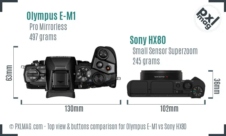 Olympus E-M1 vs Sony HX80 top view buttons comparison