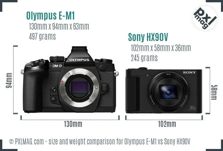 Olympus E-M1 vs Sony HX90V size comparison