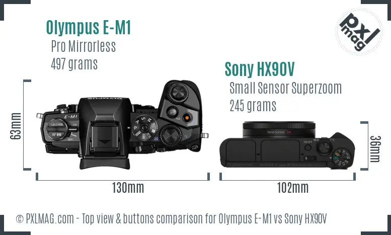Olympus E-M1 vs Sony HX90V top view buttons comparison