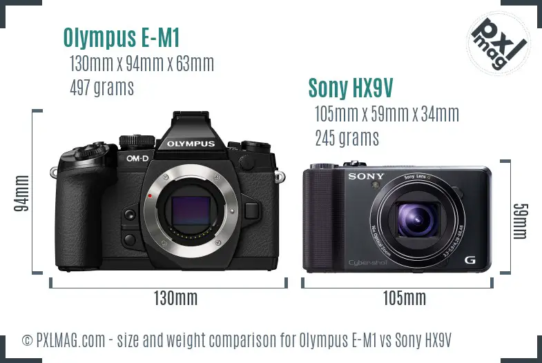 Olympus E-M1 vs Sony HX9V size comparison