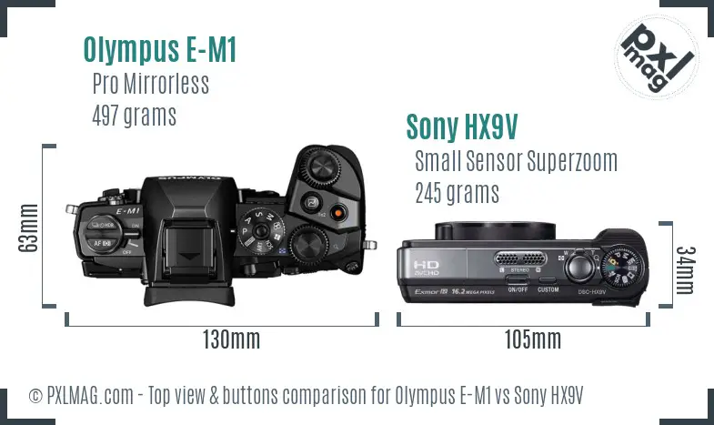 Olympus E-M1 vs Sony HX9V top view buttons comparison