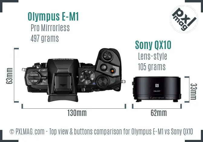 Olympus E-M1 vs Sony QX10 top view buttons comparison
