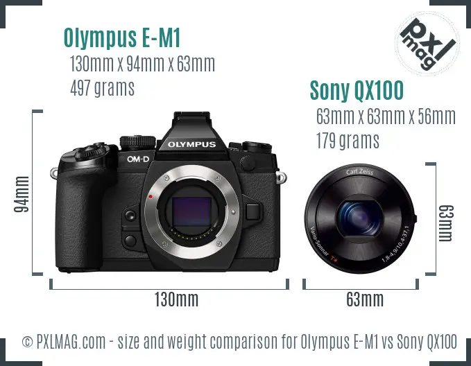 Olympus E-M1 vs Sony QX100 size comparison