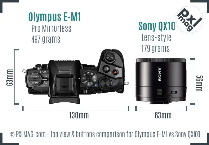 Olympus E-M1 vs Sony QX100 top view buttons comparison