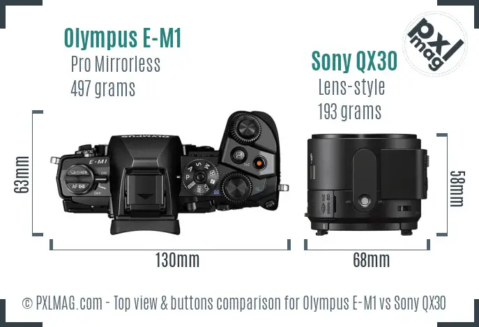 Olympus E-M1 vs Sony QX30 top view buttons comparison