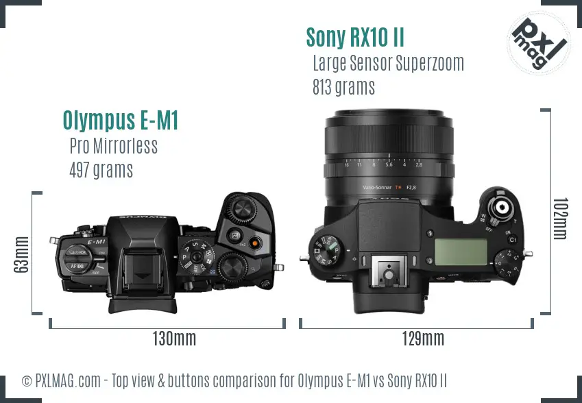 Olympus E-M1 vs Sony RX10 II top view buttons comparison