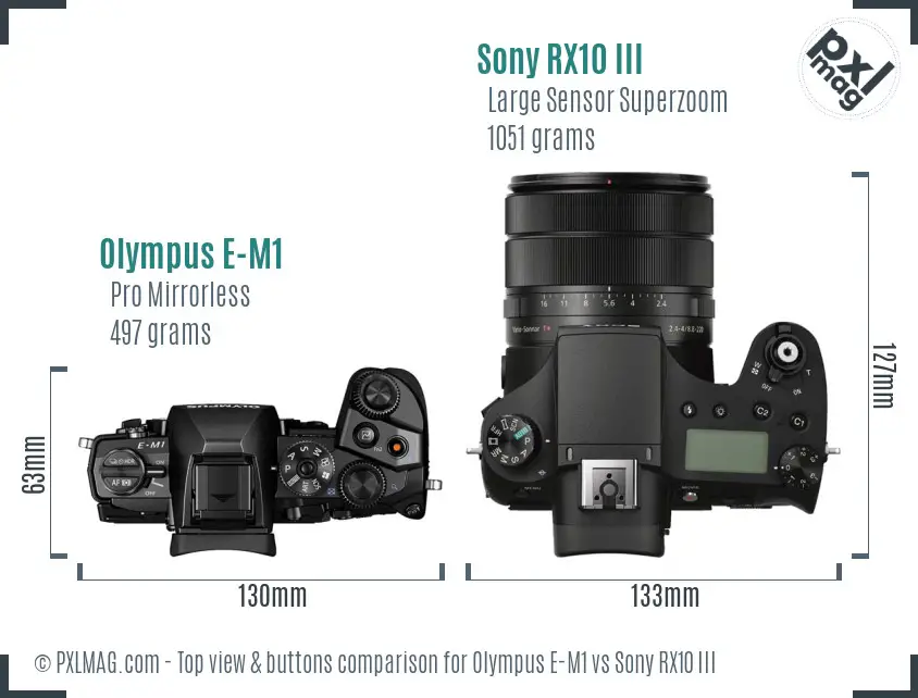 Olympus E-M1 vs Sony RX10 III top view buttons comparison