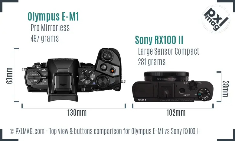Olympus E-M1 vs Sony RX100 II top view buttons comparison