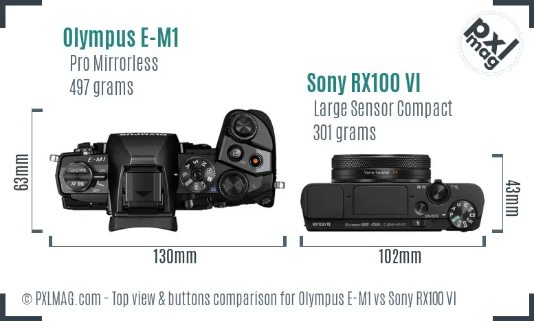 Olympus E-M1 vs Sony RX100 VI top view buttons comparison Olympus E-M1 vs Sony RX100 VI top view buttons comparison