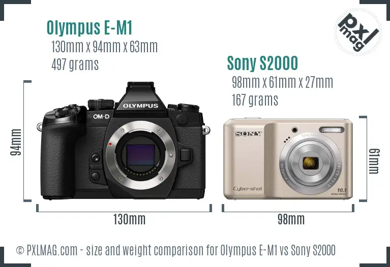 Olympus E-M1 vs Sony S2000 size comparison