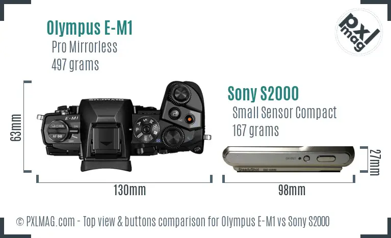 Olympus E-M1 vs Sony S2000 top view buttons comparison