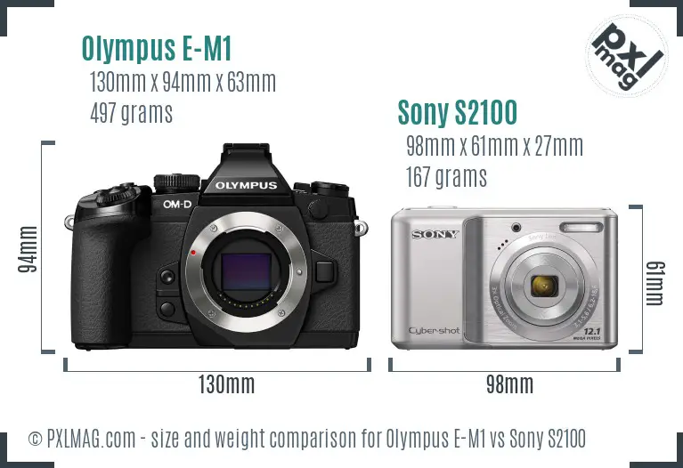 Olympus E-M1 vs Sony S2100 size comparison