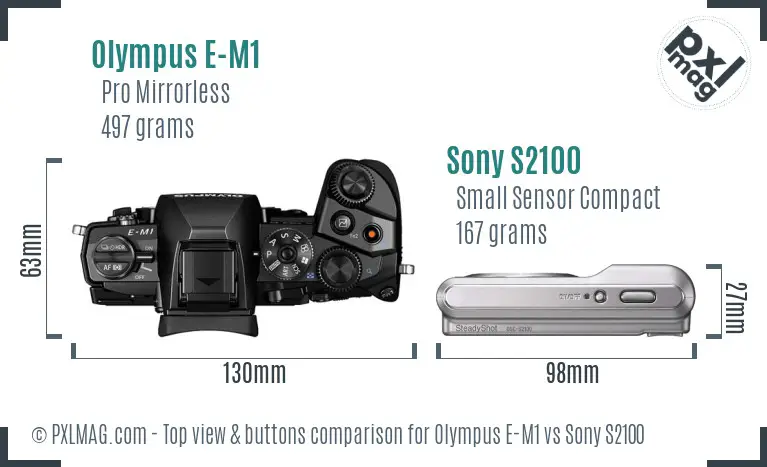 Olympus E-M1 vs Sony S2100 top view buttons comparison