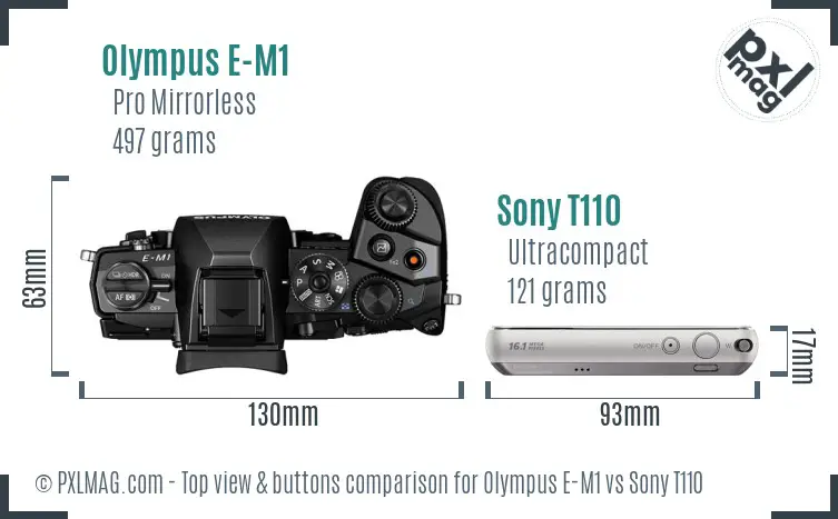 Olympus E-M1 vs Sony T110 top view buttons comparison Olympus E-M1 vs Sony T110 top view buttons comparison