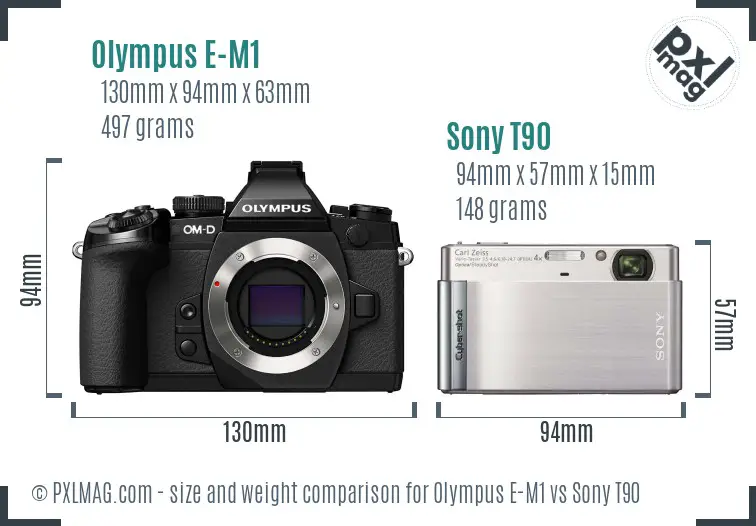 Olympus E-M1 vs Sony T90 size comparison