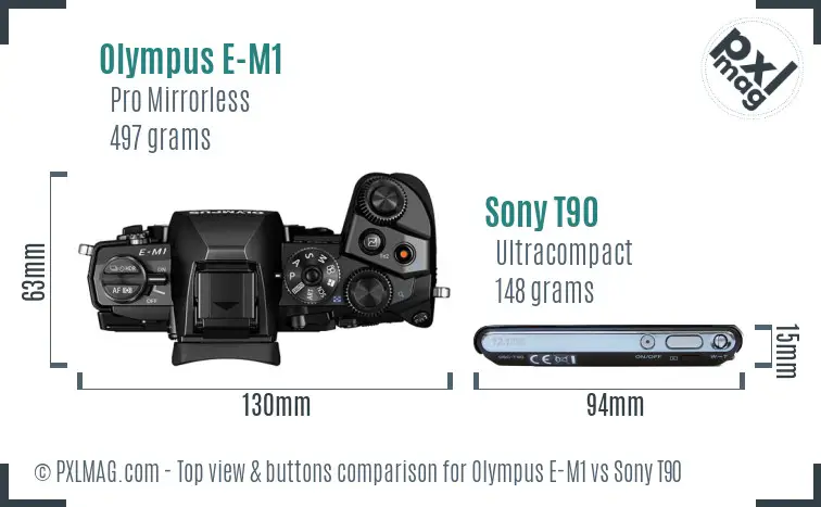 Olympus E-M1 vs Sony T90 top view buttons comparison