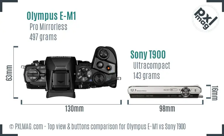 Olympus E-M1 vs Sony T900 top view buttons comparison Olympus E-M1 vs Sony T900 top view buttons comparison