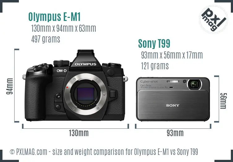 Olympus E-M1 vs Sony T99 size comparison