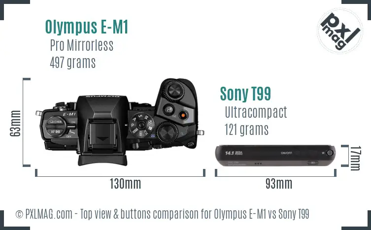 Olympus E-M1 vs Sony T99 top view buttons comparison