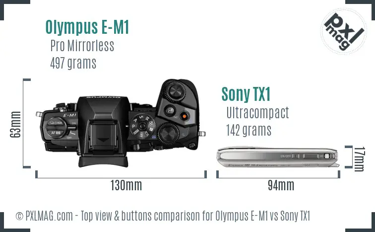 Olympus E-M1 vs Sony TX1 top view buttons comparison