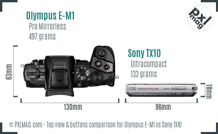 Olympus E-M1 vs Sony TX10 top view buttons comparison