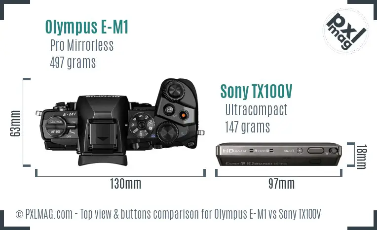 Olympus E-M1 vs Sony TX100V top view buttons comparison