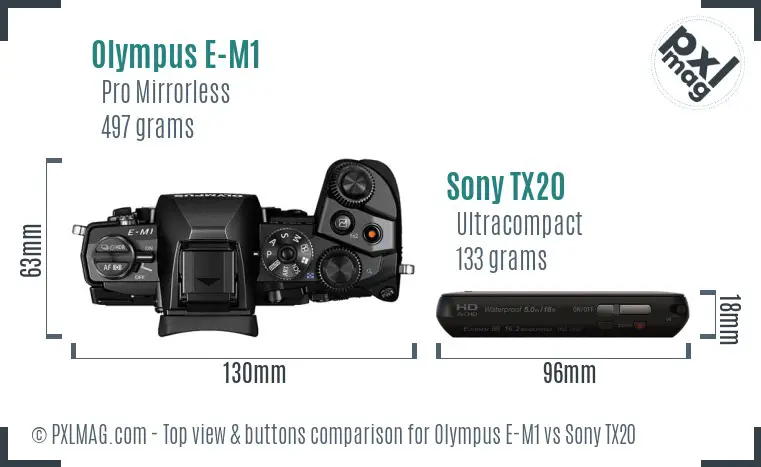 Olympus E-M1 vs Sony TX20 top view buttons comparison