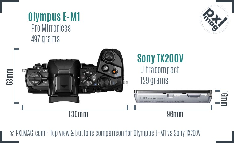 Olympus E-M1 vs Sony TX200V top view buttons comparison