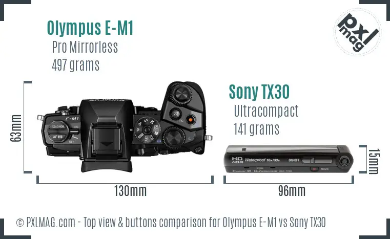 Olympus E-M1 vs Sony TX30 top view buttons comparison