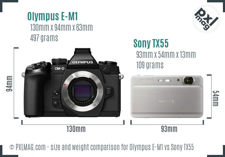 Olympus E-M1 vs Sony TX55 size comparison